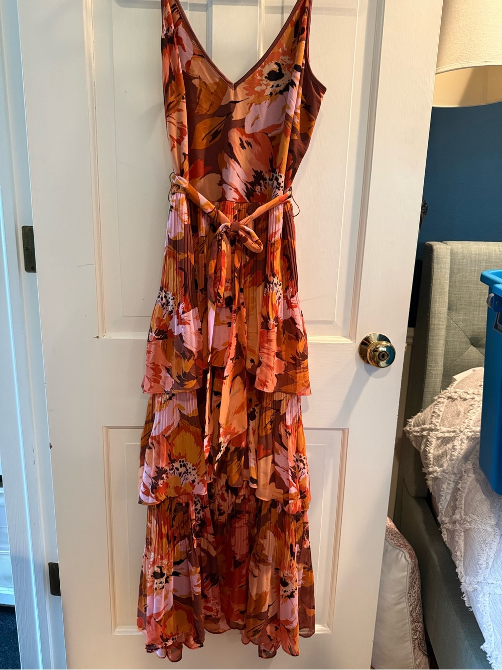 White House Black Market Rust and Pink Floral Tiered V-Neck Maxi Dress